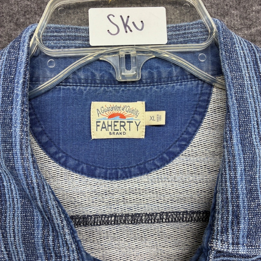 Faherty Mens XL Indigo Dyed Striped Knit Button Down Shirt Blue Long Sleeve - Picture 2 of 7